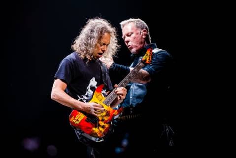 Italy: Metallica 2018 Kirk Hammett and James Hetfield, of the american heavy metal band Metallica, performing live on stage at the Pala Alpitour in Turin, Italy, on 10th February 2018. FOR EDITORIAL USE ONLY - Alessandro Bosio Turin Italy Pala Alpitour  AlessandroxBosio