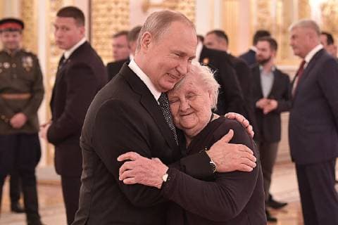 MOSCOW, RUSSIA - MAY 9, 2019: Russia s President Vladimir Putin hugs his teacher Vera Gurevich at a Victory Day reception at the Moscow Kremlin marking the 74th anniversary of the victory of the Soviet Red Army over Nazi Germany in the Great Patriotic War of 1941-45, the Eastern Front of the Second World War. Alexei Nikolsky Russian Presidential Press and Information Office TASS  TS0AAE34