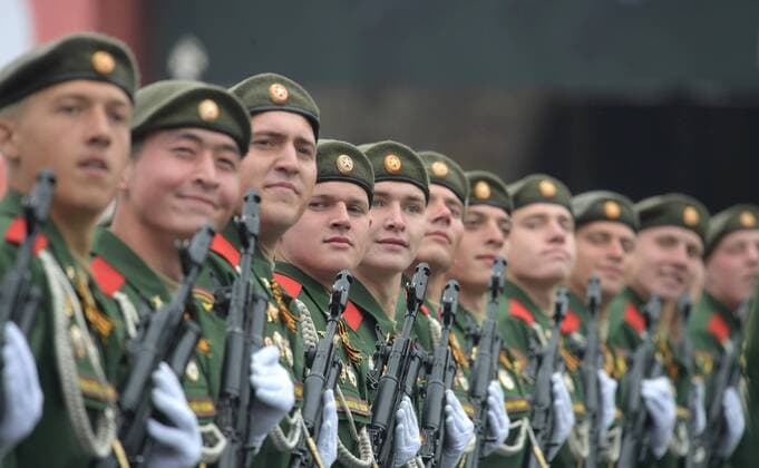 May 9, 2019 - Moscow, Russia - Russian soldiers march during the annual Victory Day military parade marking the 74th anniversary of the end of World War II in Red Square May 9, 2019 in Moscow, Russia. Russia celebrates the annual event known as the Victory in the Great Patriotic War with parades and a national address by President Vladimir Putin. Moscow Russia - ZUMAp138 20190509_zaa_p138_028 Copyright: xRussianxPresidencyx