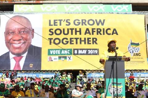 ANC Siyanqoba rally May 5, 2019. ANC president Cyril Ramaphosa greets ANC supporters at a fully packed Ellis Park stadium in Doornfontein, Johannesburg during the party s Siyanqoba Rally ahead of the national elections on May 8. Photo Thulani Mbele Gallo160111