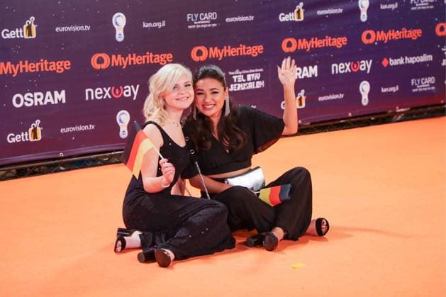 TEL AVIV, ISRAEL - MAY 12, 2019: Singers Carlotta Truman (L) and Laurita Kastel of the band S!sters representing Germany pose at a ceremony to open the 2019 Eurovision Song Contest. Vyacheslav Prokofyev TASS  TS0AB309