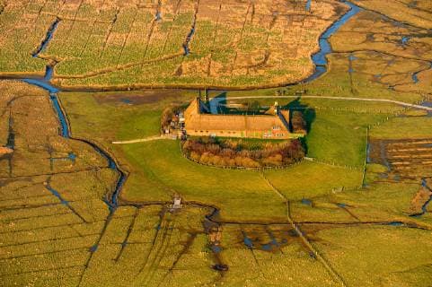 Hallig Suederoog mit Gehoeft auf einer Warft aus der Luft, Deutschland, Schleswig-Holstein, Schleswig-Holsteinisches Wattenmeer Nationalpark, Hallig Suederoog aerial view of Hallig Suederoog with farmhouse on a terp, Germany, Schleswig-Holstein, Schleswig-Holstein Wadden Sea National Park, Hallig Suederoog BLWS529868 Copyright: xblickwinkel C.xKaiserx