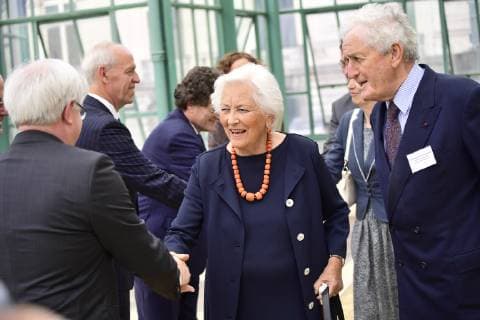 Queen Paola of Belgium and Count Bernard de Traux de Wardin arrive for a ceremony for the Queen Paola Award 2018-2019 (Koningin Paolaprijs - Prix Reine Paola) for education, at the royal castle in Laken Laeken, Brussels, Wednesday 22 May 2019.  LAURIExDIEFFEMBACQ 2341129