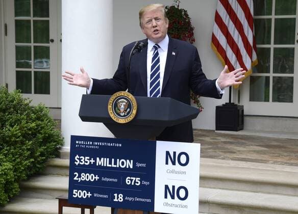 News Themen der Woche KW21 News Bilder des Tages President Donald Trump makes remarks to the press in the Rose Garden of the White House, Washington, DC, May 22, 2019. A scheduled meeting to discuss infrastructure programs broke down according to Trump when Democratic leaders brought up the Special Counsel Mueller investigation.  WAP20190522501 MIKExTHEILER