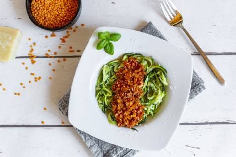 Zoodles with vegetarian bolognese sauce, parmesan and basil  SARF04208