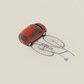 3D rendering, Red car casting shadow of a bicycle  UWF01575