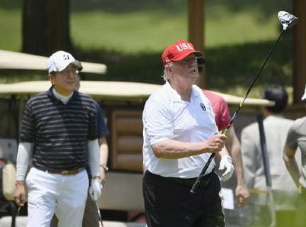 Trump in Japan U.S. President Donald Trump (R) and Japanese Prime Minister Shinzo Abe play golf at Mobara Country Club in Chiba Prefecture, near Tokyo, on May 26, 2019, their fifth round together since Trump took office in 2017. 