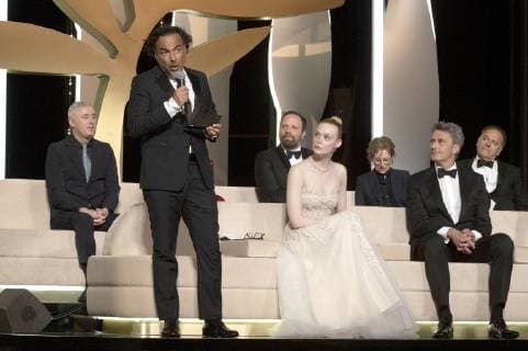 The Jury: Robin Campillo, Alejandro Gonzalez Inarritu, Yorgos Lanthimos, Elle Fanning, Kelly Reichardt, Pawel Pawlikowski and Kelly Reichardt at the award ceremony during the 72nd Cannes Film Festival at the Palais des Festivals on May 25, 2019 in Cannes, France