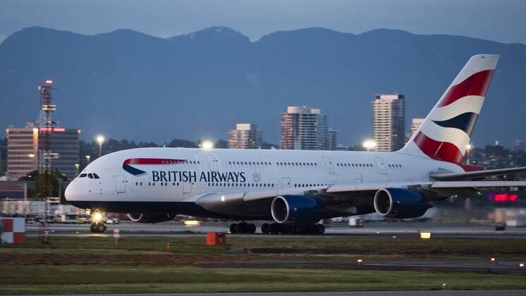 May 19, 2019 - Richmond, British Columbia, Canada - A British Airways Airbus A380-841 (G-XLEL) jetliner takes off at dusk from Vancouver International Airport. Richmond Canada - ZUMAs202 20190519_zap_s202_005 Copyright: xBaynexStanleyx