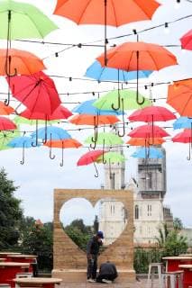 Coloured umbrellas at festival - Zagreb, Croatia 30.05.2019., Zagreb, Croatia - Hanging coroured umbrellas as a part of preparation for Bas Nas gourmet & music festival at upper town in Zagreb  PatrikxMacek PIXSELL
