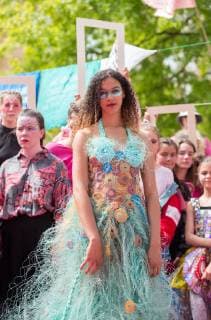 June 1, 2019 - Bristol, Bristol, UK - Bristol, UK. Extinction Rebellion s catwalk fashion show in Bristol s Broadmead shopping centre. Campaigners from Extinction Rebellion are carrying out a five-hour protest which will include everything from a ˜pop-up™ catwalk to blocking the city centre traffic. The protest targets Bristol™s fashion and clothes stores with people urged to not buy any new items of clothing for the next year. There will also be a ˜pop-up catwalk™, where designers will be showing off their work to demonstrate the needed shift away from fast fashion towards a fairer, safer, cleaner, more transparent fashion industry. People are encouraged to repair, re-use, alter, upcycle and recycle clothes in a year-long boycott aiming to economically disrupt the fashion and textile industry demanding that it drastically chang - ZUMAl94_ 20190601_zaf_l94_046 Copyright: xSimonxChapmanx