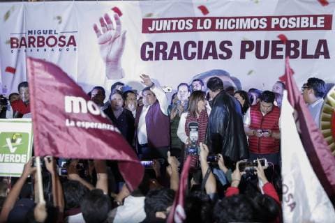 June 2, 2019 - EUM20190602POL39.JPG .PUEBLA, Pue. ElectionsElecciones-Puebla.- 2 de junio de 2019. Miguel Barbosa festeja el virtual triunfo, que le dan los resultados preliminares, como nuevo gobernador de Puebla. Lo acompana Yeidckol Polevnsky, dirigente nacional de Morena, y el diputado federal Gerardo Fernandez Norona. Foto: Agencia EL UNIVERSALIvan StephensEELG Copyright: xElxUniversalx