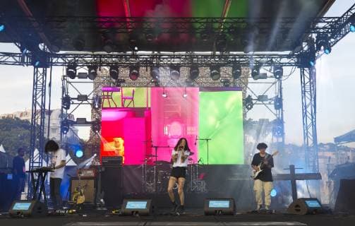 Cannes, France - June 04, 2019: MIDEM, the International B2B Music Market. MIDEM by Night Beach Concert with Neon Garden, Panda Glasses and Qing Mu MIDEM, the International B2B Music Market