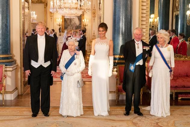 President Donald J. Trump and First Lady Melania Trump pose for a photo with Britain?s Queen Elizabeth II, the Prince of Wales and the Duchess of Cornwall on June 3, 2019, prior to attending a state banquet at Buckingham Palace in London. White House  WAX2019060525 SHEALAHxCRAIGHEAD