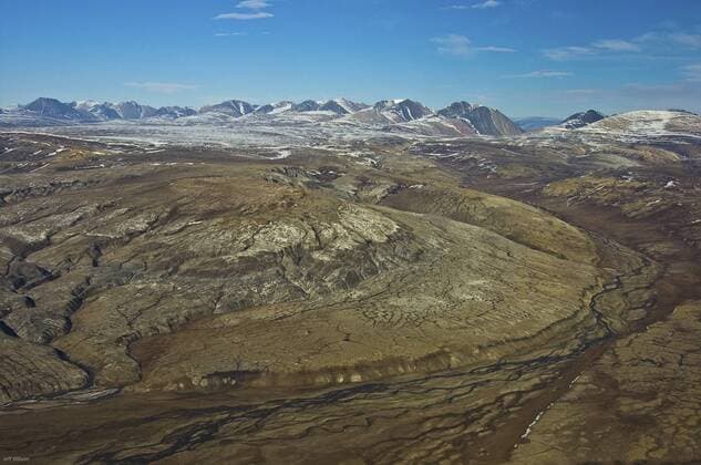 CANADA Aerial view of tundra landscape, Ellesmere Island, Nunavut, Canada, June 2008. Taken on location for BBC series, Frozen Planet, Summer  1356788 JeffxWilson
