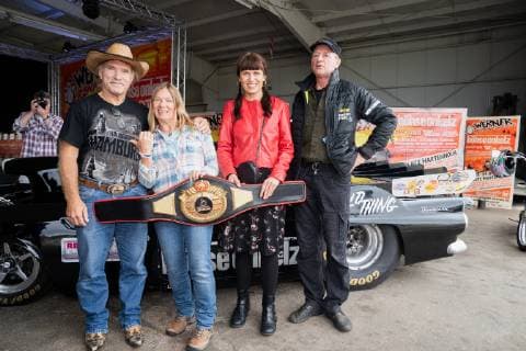Pressekonferenz zum Musikfestival und Motorsportfestival Werner - Das Rennen 2019 - Konny Reimann, Manu Reimann, Petra Feldmann (Ehefrau von Rötger), Andi Feldmann (von links);Pressekonferenz zum Musikfestival und Motorsportfestival Werner - Das Rennen 2019 -, Hamburg Hamburg Deutschland Flugplatz Hartenholm