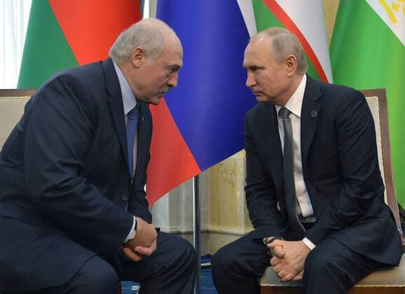 BISHKEK, KYRGYZSTAN - JUNE 14, 2019: Belarus President Alexander Lukashenko (L) and Russia s President Vladimir Putin after a meeting of the Shanghai Cooperation Organisation (SCO) Council of Heads of State. Alexei Druzhinin Russian Presidential Press and Information Office TASS  TS0AF832