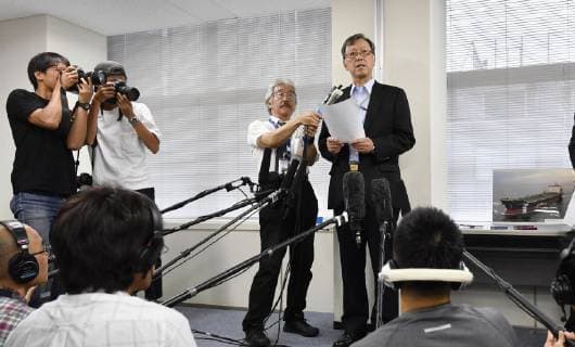 Operator of attacked tanker meets press Yutaka Katada, president of Japanese ship operator Kokuka Sangyo Co., speaks in Tokyo on June 14, 2019, after a tanker operated by his company was one of the two attacked the previous day near the Strait of Hormuz. The vessel was hit by an incoming projectile, not by torpedo, he said. 