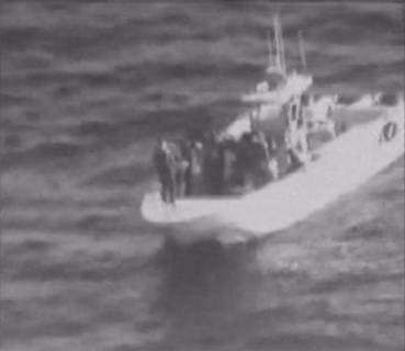 In a video released by the United States on June 14, 2019, an Islamic Revolutionary Guard Corps (IRGC) Gashti Class patrol boat is shown approaching the M T Kokuka Courageous oil tanker on June 13 and was observed and recorded removing an unexploded limpet mine from the hull of the ship. Screengrab via U.S. Central Command  WAX2019061403 USCENTCOM