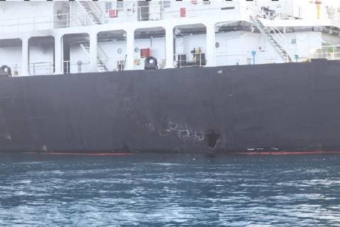June 13, 2019 - Gilf of Oman - hull penetration blast damage on the starboard side of motor vessel M T Kokuka Courageous, which was sustained from a limpet mine attack while operating in the Gulf of Oman, on June 13, 2019 Gilf of Oman - ZUMAz03_ 20190613_sha_z03_292 Copyright: xDoDx