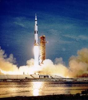 July 16, 1969 - Florida, U.S. - The Apollo 11 mission, the first manned lunar mission, launched from the Kennedy Space Center, Florida via the Marshall Space Flight Center (MSFC) developed Saturn V launch vehicle on July 16, 1969 and safely returned to Earth on July 24, 1969. The Saturn V vehicle produced a holocaust of flames as it rose from its pad at Launch complex 39. The 363 foot tall, 6,400,000 pound rocket hurled the spacecraft into Earth parking orbit and then placed it on the trajectory to the moon for man s first lunar landing. Aboard the space craft were astronauts Neil A. Armstrong, commander; Michael Collins, Command Module pilot; and Edwin E. Aldrin Jr., Lunar Module pilot. With the success of Apollo 11, the national objective to land men on the Moon and return them safely to Earth had been accomplished. U.S. - ZUMAz03_ 19690716_sha_z03_447 Copyright: xNASAx