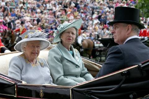Queen Elizabeth II, Anne, Princess Royal, Timothy Laurence and Prince Andrew, Duke of York attend Ladies Day on day 3 of Royal Ascot at Ascot Racecourse in Berkshire, England. JUNE 20th 2019  MTXx192240