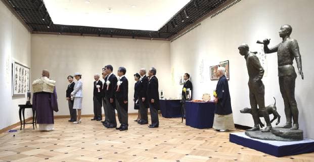Japan emperor, empress Japan s Emperor Naruhito (back, L) and Empress Masako view works by Japan Art Academy awardees in Tokyo on June 24, 2019. (Pool photo) 