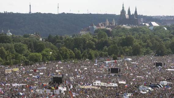 The largest Czech mass demonstration since 1989 with the attendance over 258,000 at Letna plain in Prague, Czech Republic, June 23, 2019. The protest warns against the path Czechia has embarked under PM Andrej Babis (ANO) and President Milos Zeman, the organising Million Moments NGO deputy head Benjamin Roll said in an opening speech, warning against the usurpation of power by oligarchs. (CTKxPhoto OndrejxDeml) CTKPhotoP201906230423101  _DML8246