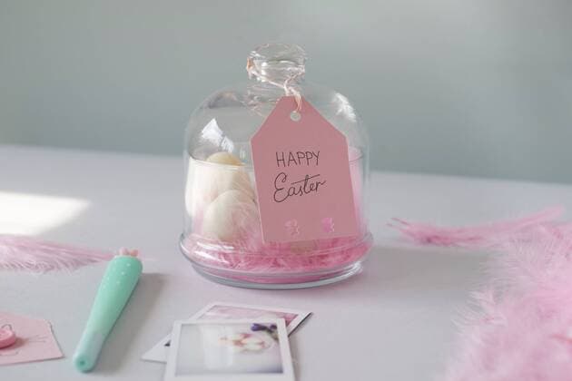 Happy Easter glass bowl with eggs and pink feathers property released  MOMF00670