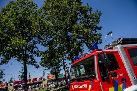 Illustration picture shows fire fighters in action to terminate some processionary caterpillars (processierups - chenille processionnaire) after a break out on the terrain, on the first day of the Rock Werchter music festival in Werchter, Thursday 27 June 2019. The 45th edition of the festival is taking place from 27 to 30 June.  JASPERxJACOBS 05614221