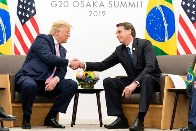 June 28, 2019 - Osaka, Japan - President Donald J. Trump participates in a bilateral meeting with the President of the Federative Republic of Brazil JAIR BOLSONARO at the G20 Japan Summit Friday, June 28, 2019, in Osaka, Japan. Osaka Japan - ZUMAz03_ 20190628_sha_z03_004 Copyright: xWhitexHousex
