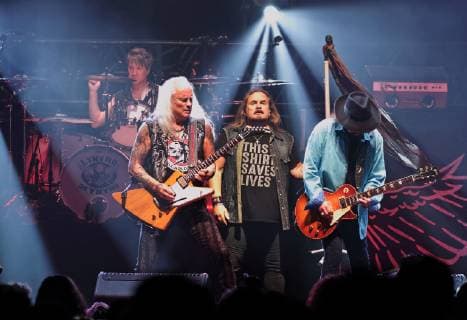 June 29, 2019 - London, United Kingdom - Rickey Medlocke, Johnny Van Zant and Gary Rossington on stage as Lynyrd Skynyrd play the London date of their Last of the Street Survivors Farewell Tour at SSE Wembley Arena. London United Kingdom - ZUMAs197 20190629_zaa_s197_038 Copyright: xKeithxMayhewx