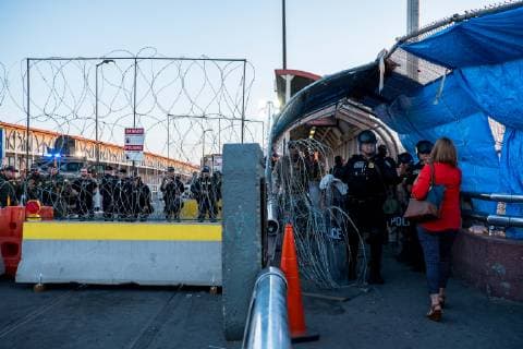 July 1, 2019 - Ciudad Juarez, Chihuahua, MEX - U.S. Customs and Border Protection and Border Patrol agents occupy the Paso del Norte Bridge as they block traffic from coming into the United States to El Paso, Texas, after protests in the early morning took place in Ciudad Juarez, Chihuahua, Mexico. Agents began letting pedestrians to cross by checking identification one person at a time once the protests subsided. Ciudad Juarez MEX - ZUMAj106 20190701_zap_j106_007 Copyright: xJoelxAngelxJuarezx