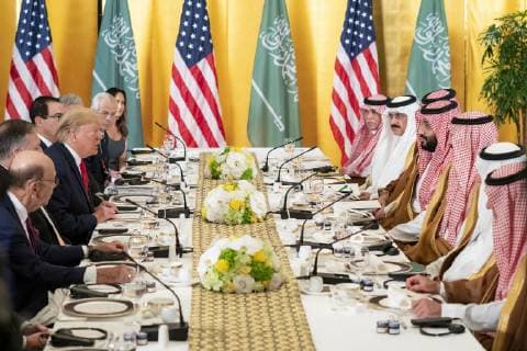 June 28, 2019 - Osaka, Japan - President Donald J. Trump welcomes the Crown Prince of the Kingdom of Saudi Arabia Mohammed bin Salman to a working breakfast Saturday, June 29, 2019, at the Imperial Hotel Osaka in Osaka, Japan..People: President Donald Trump, Crown Prince of the Kingdom of Saudi Arabia Mohammed bin Salman. Osaka Japan - ZUMAs214 20190628_zaa_s214_004 Copyright: xSMGx