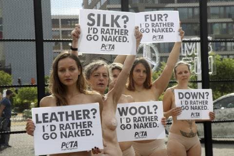 Nur mit Unterwaesche bekleidet und Protest-Schildern vor der teils nackten Brust demonstrieren Unterstuetzerinnen der Tierschutzorganisation PETA am Dienstagmorgen (02.07.19) auf der Fashion Week in Berlin. Unter dem Motto Lieber nackt als in Pelz, Leder, Wolle, Daunen oder Seide appellieren die Teilnehmerinnen an Einkaeufer und Verbraucher, sich ueber das Tierleid in der Modeindustrie zu informieren. Anlaesslich des 25-jaehrigen Jubilaeums von PETA Deutschland liess die Organisation mit der Aktion einen ihrer bekanntesten Demo-Klassiker aufleben. Die Tierschutzorganisation setzt sich fuer die Verwendung rein pflanzlicher oder synthetischer Materialien bei Fashion Labels und in der Bekleidungsbranche ein. PETA-Protest auf der Fashion Week in Berlin