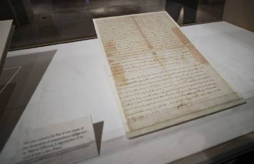 A rare historic copy of the Declaration of Independence written in Thomas Jefferson s hand is on display at the New York Public Library on Tuesday, July 2, 2019 in New York City. The Declaration of Independence was completed on July 1, 1776. but before it was ratified on July 4 of that year several changes were made to the text. Jefferson wrote out several copies of his original text and sent them to five or six friends. The Library s copy is one of the two copies that have survived intact.  NYP20190702104 JOHNxANGELILLO