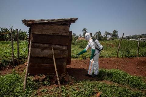 June 13, 2019 - Beni, Democratic Republic of Congo - World Health Organization worker BELINDA LANDU, 28, decontaminates the house of a pastor who has just tested positive for Ebola. The DRC is currently experiencing the second largest Ebola outbreak in recorded history, and the response is hampered by it being in an active conflict zone. More than 1,400 people have died since August 2018. Beni Democratic Republic of Congo - ZUMAs197 20190613_705_s197_001 Copyright: xSallyxHayden SOPAxImagesx