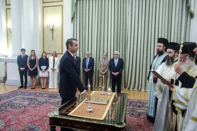 July 8, 2019 - Athens, Greece - Greek opposition New Democracy conservative party leader Kyriakos Mitsotakis is sworn in as Greece s new prime minister. Athens Greece - ZUMAe114 20190708_zaa_e114_002 Copyright: xEurokinissix