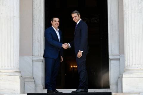 July 8, 2019 - Athens, Greece - Greece newly-elected prime minister Kyriakos Mitsotakis, right, is welcomed by former prime minister Alexis Tsipras, left, at Maximos Mansion. Athens Greece - ZUMAe114 20190708_zaa_e114_006 Copyright: xEurokinissix