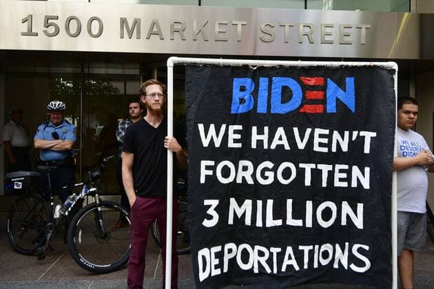 July 10, 2019 - Philadephia, Pennsylvania, United States - Fifty immigrants, joined by community activist occupy the lobby of whats believed to house the office of 2020 US Presidential hopeful Joe Biden, during a pro-immigration and anti-deportation protest in Philadelphia, PA on July 10, 2019. Philadephia United States  - ZUMAn230 20190710_zaa_n230_471 Copyright: xBastiaanxSlabbersx