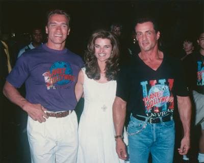 Arnold Schwarzenegger Las Vegas. Nevada. USA.. Arnold Schwarzenegger with wife Maria Shriver and and Sylvester Stallone at a Planet Hollywood restaurant opening in July 1994. ReScanned 10.07.2019 