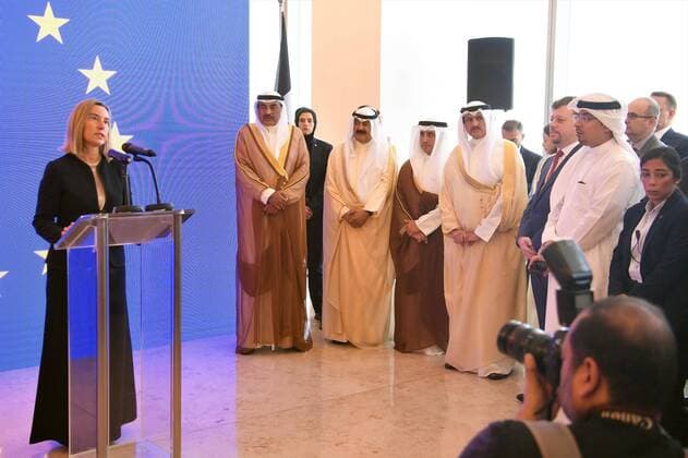 News Bilder des Tages (190714) -- KUWAIT, July 14, 2019 -- High Representative of the EU for Foreign Affairs and Security Policy Federica Mogherini (1st L) speaks at the opening ceromony of the EU headquarters in Kuwait City, Kuwait, July 14, 2019. The European Union (EU) opened the headquarters of its mission in Kuwait here on Sunday. At the opening ceremony, Sheikh Sabah Khaled Al-Hamad Al-Sabah, Kuwaiti deputy prime minister and foreign minister, said that the EU s delegation in the country remarks a culmination of the successful cooperation between the two sides. KUWAIT-KUWAIT CITY-EU DELEGATION-OPENING NiexYunpeng 