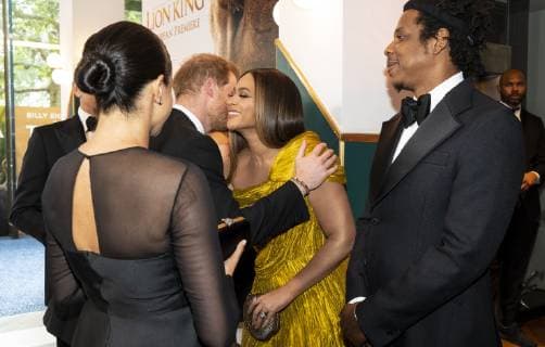 . 14 07 2019. London, United Kingdom. Prince Harry, the Duke of Sussex and Meghan Markle The Duchess of Sussex with Beyonce and her husband, US rapper Jay-Z at the premiere of The Lion King in London .  xPoolx xi-Imagesx IIM-19917-0010