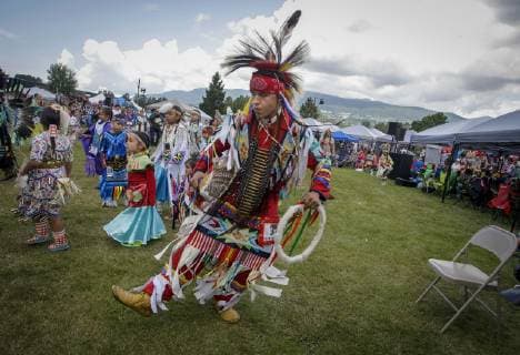 (190715) -- VANCOUVER, July 15, 2019 (Xinhua) -- Dancers perform during the 32nd annual Squamish Nation Youth Pow Wow at Capilano Reserve Park in west Vancouver, Canada, July 14, 2019. First Nations people from Canada and the U.S. took part in the 32nd annual Squamish Nation Youth Pow Wow in celebration of indigenous cultures. Pow Wow is an indigenous cultural activity in which people socialize together via different activities like dancing, singing, and honouring the traditions of their ancestors. (Xinhua Liang Sen) CANADA-VANCOUVER-SQUAMISH NATION YOUTH POW WOW 