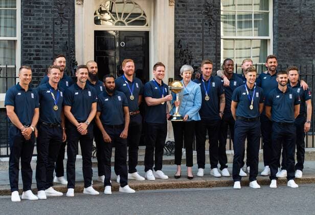 . 15 07 2019. London, United Kingdom. Cricket team at Downing Street. England MenÂ s Cricket team are welcomed by PM Theresa May at 10 Downing Street after winning the 2019 ICC Cricket World Cup.  xGustavoxValientex xi-Imagesx IIM-19921-0013