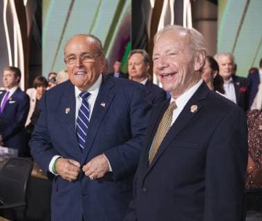 July 13, 2019 - Duress, Albania - Rudy Giuliani, Joe Lieberman, Duress, Albania 13 07 2019 - The annual Free Iran Conference for the first time at Ã¢â‚¬ËœAshraf 3Ã¢â‚¬â ¢, the headquarters of the PeopleÃ¢â‚¬â ¢s Mojahedin Organization of Iran (Mujahedin-e Khalq, MEK or PMOI) on July 13, 2019, near Duress in Albania. Former New York Mayor Rudy GiulianiÃ‚ and Senator Joe Lieberman during the Iranian opposition annual meeting. Duress Albania  - ZUMAn230 20190713_zaa_n230_747 Copyright: xSiavoshxHosseinix