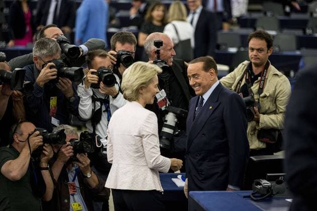 July 16, 2019 - Brussels, Belgium - 16 July 2019, France (France), StraoÅ¸burg: Silvio Berlusconi (l) from Italy, Member of the European Parliament, congratulated Ursula von der Leyen on the announcement of the election results in the Chamber. Von der Leyen becomes the new President of the EU Commission. The heads of state and government of the EU had proposed the CDU politician as successor to EU Commission President Juncker. Brussels Belgium  - ZUMAn230 20190716_zaa_n230_335 Copyright: xElyxandroxCegarrax