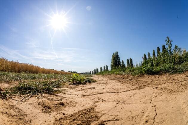 Hitzewelle und Trockenheit in Deutschland 24.07.2019, Oberursel (Hessen): Die Sonne scheint über ausgetrockenetem Ackerbogen. Bei der aktuellen Hitzewelle in Deutschland sind Höchsttemperaturen von 40°C vorhergesagt., Oberursel Deutschland