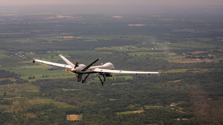 July 24, 2019, Alpena, MI, United States: A U.S. Air Force MQ-9 Reaper drone inflight during a training sortie in exercise Northern Strike 19 at the Alpena Combat Readiness Training Center July 24, 2019 in Alpena, Michigan. Alpena United States - ZUMAp138 20190724_zaa_p138_017 Copyright: xLealanxBuehrerx
