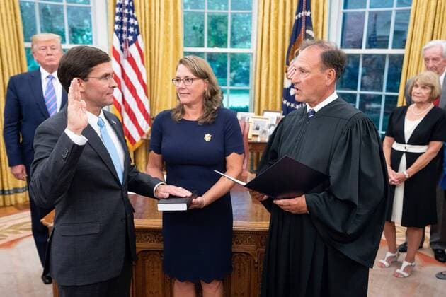 July 23, 2019 - Washington, District of Columbia, U.S. - President DONALD TRUMP watches as U.S. Supreme Court Associate Justice SAMUEL ALITO swears-in new Secretary of Defense Mark Esper Tuesday, July 23, 2019, in the Oval Office of the . Washington U.S. - ZUMAz03_ 20190723_sha_z03_257 Copyright: xWhitexHousex